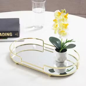 Oval Metal Tray With Glass Mirror
