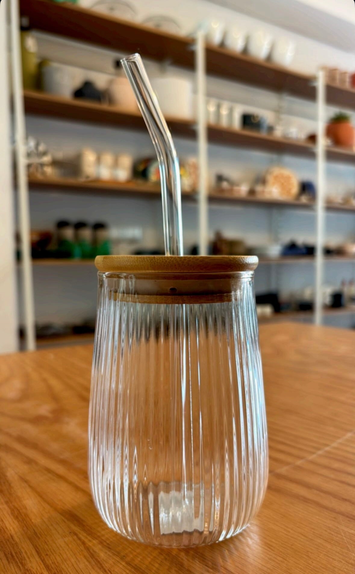 Ribbed Glass Cup With Straw and Bamboo Lid