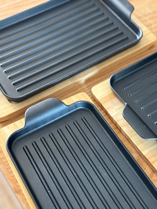 Rectangular Cast iron Grill Pan With Wooden  Serving Base