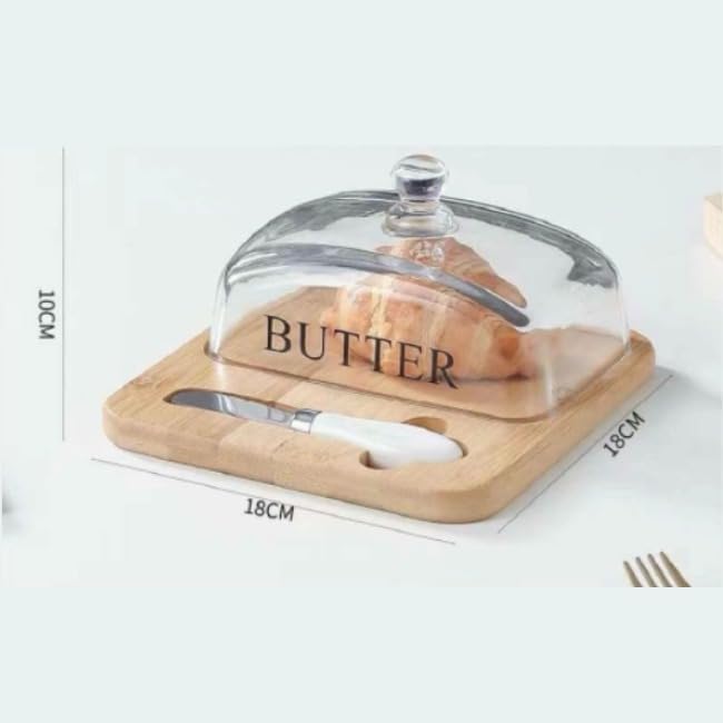 Butter and cheese plate with wooden base, knife and glass lid