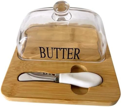 Butter and cheese plate with wooden base, knife and glass lid