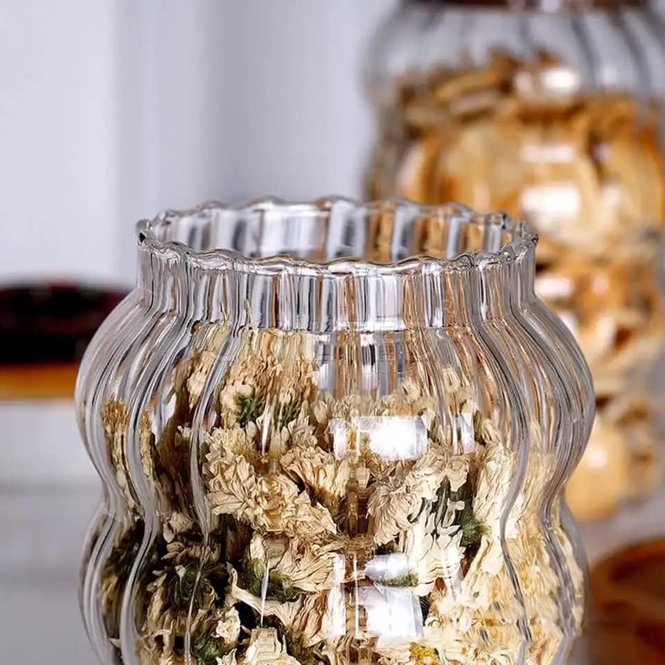 Wavy Shape Glass Jar with Acacia Wood Air-tight Lid