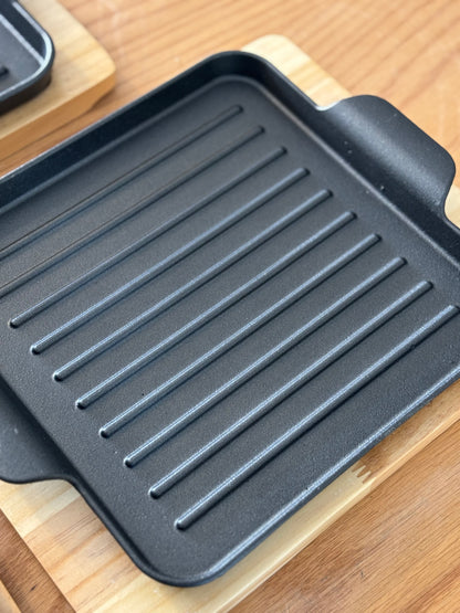 Rectangular Cast iron Grill Pan With Wooden  Serving Base