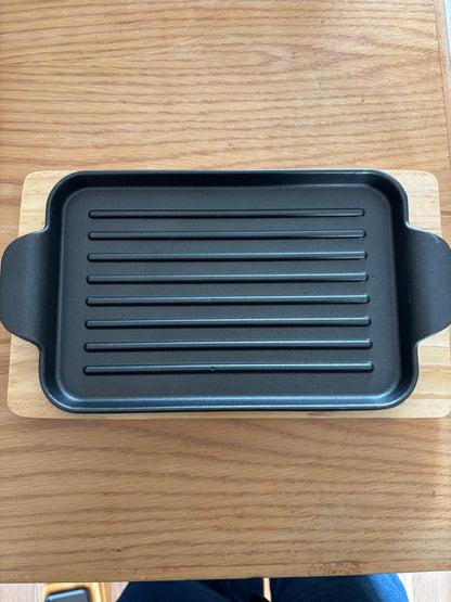 Rectangular Cast iron Grill Pan With Wooden  Serving Base