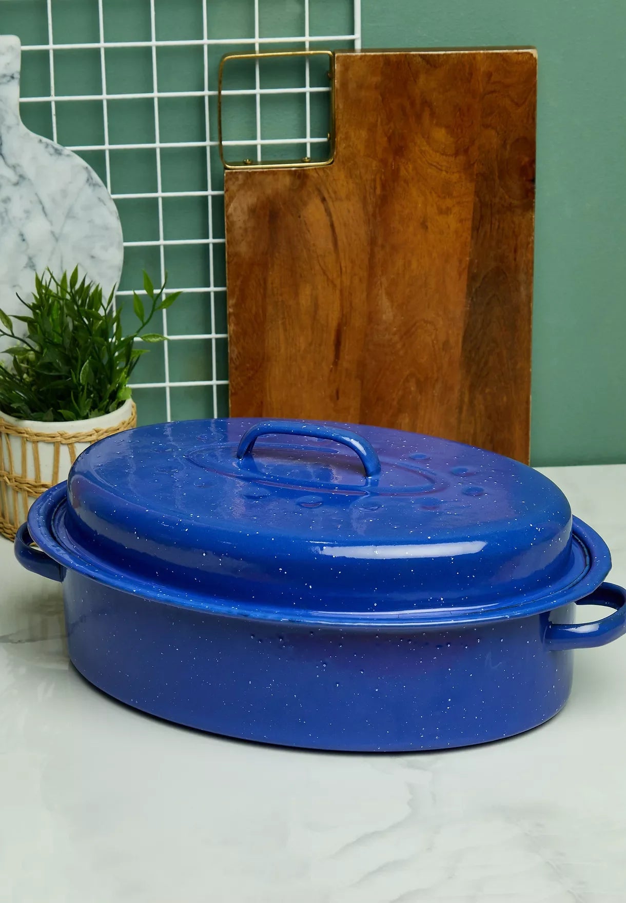 Blue Enamel Oval Self Basting Roasting Tin